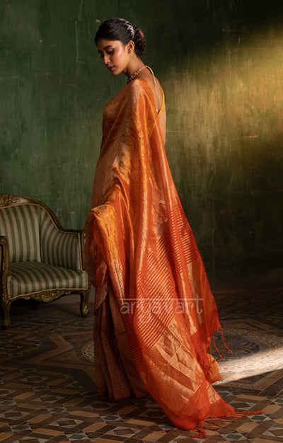 Striking Orange & Coral Tissue Linen Saree