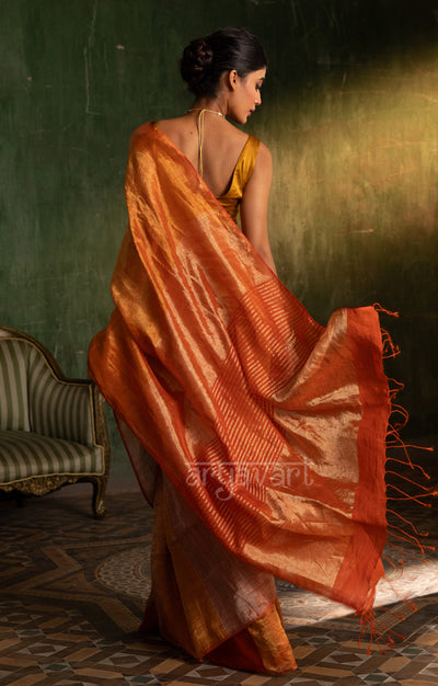 Striking Orange & Coral Tissue Linen Saree