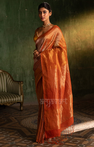 Striking Orange & Coral Tissue Linen Saree