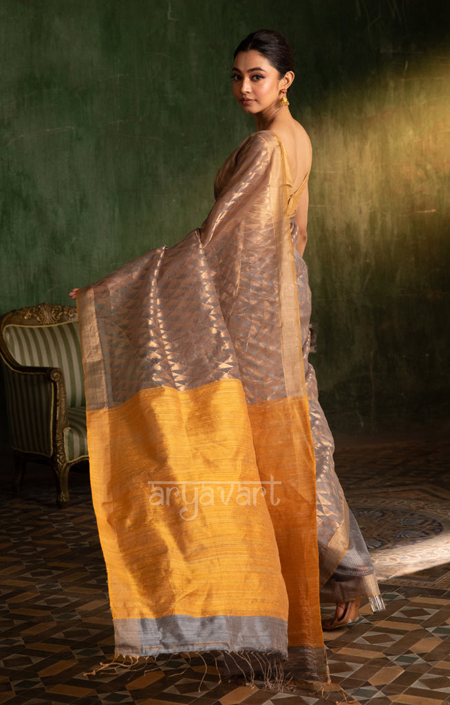 Silver Grey Matka Silk Saree With Geometric Zari Work