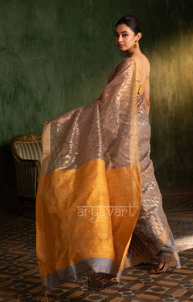 Silver Grey Matka Silk Saree With Geometric Zari Work