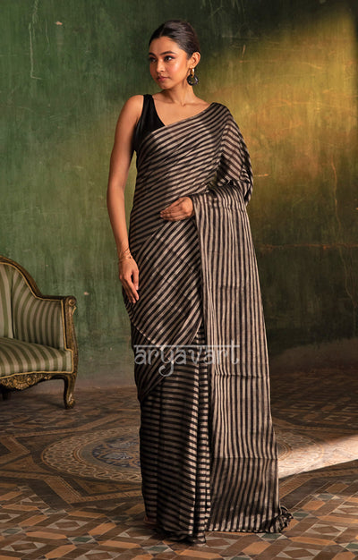 Stunning  Black & Silver Tissue Cotton Chanderi  Saree with horizontal strips