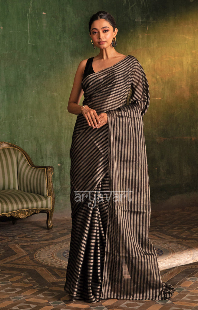 Stunning  Black & Silver Tissue Cotton Chanderi  Saree with horizontal strips