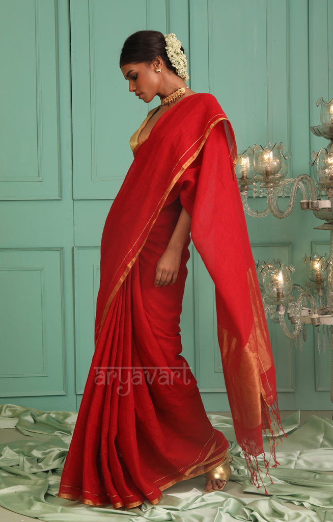 Red Linen saree With Zari Border