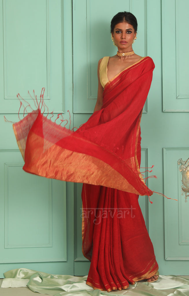 Red Linen saree With Zari Border