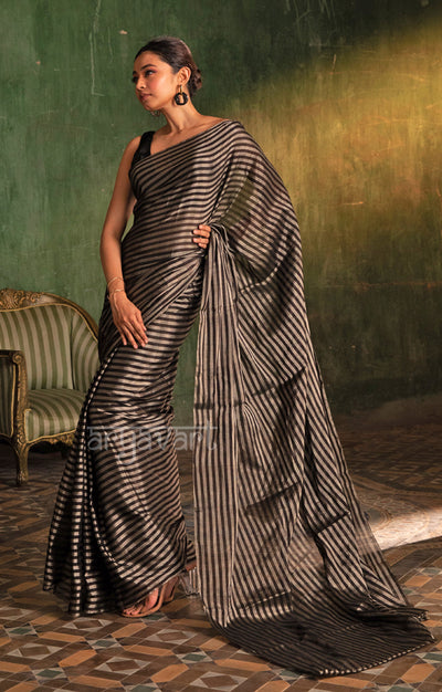 Stunning  Black & Silver Tissue Cotton Chanderi  Saree with horizontal strips