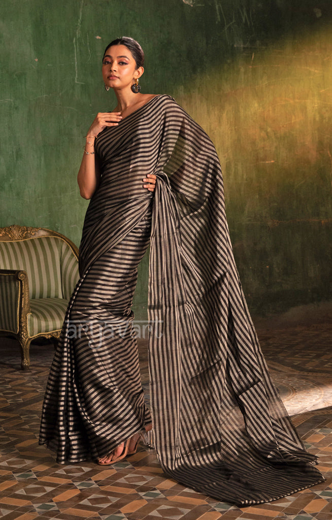 Stunning  Black & Silver Tissue Cotton Chanderi  Saree with horizontal strips