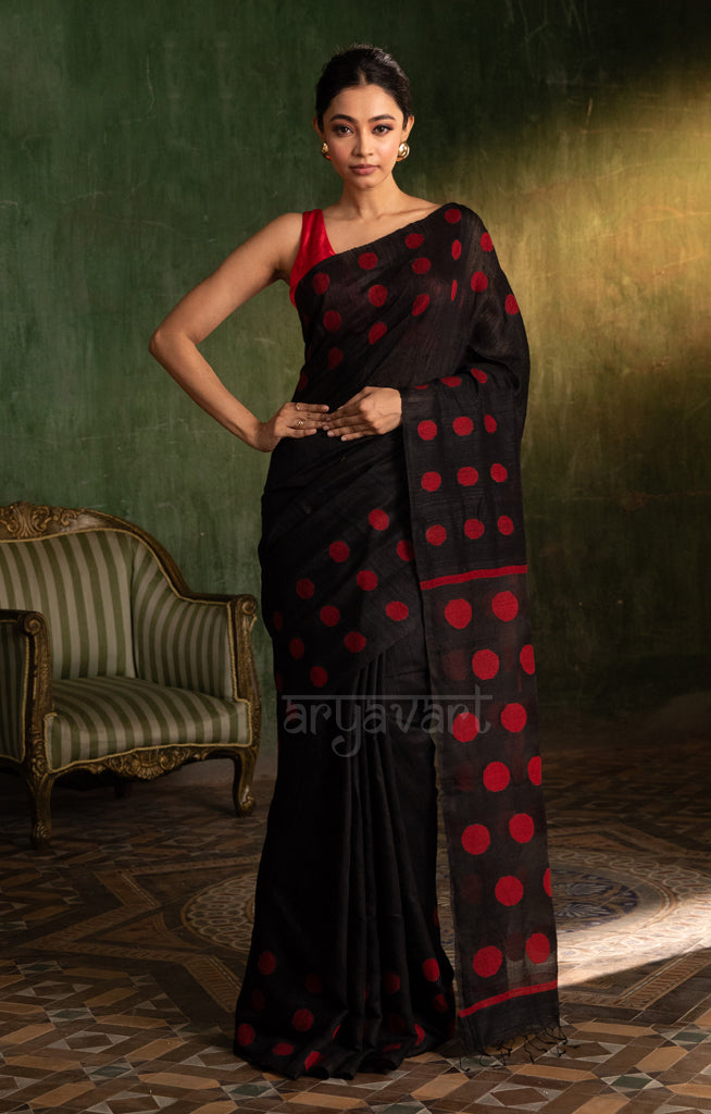 Black Matka Silk Saree With Stunning Red Jamdani Polka Dots Design