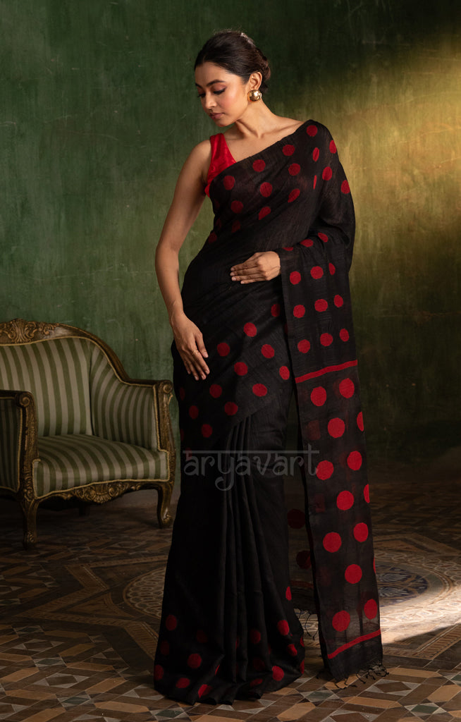 Black Matka Silk Saree With Stunning Red Jamdani Polka Dots Design