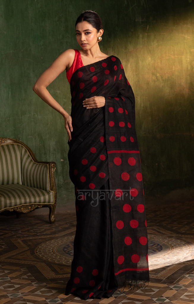 Black Matka Silk Saree With Stunning Red Jamdani Polka Dots Design