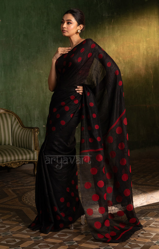 Black Matka Silk Saree With Stunning Red Jamdani Polka Dots Design