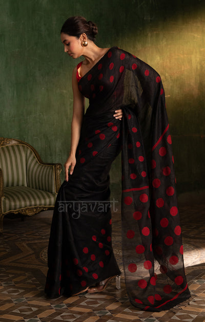 Black Matka Silk Saree With Stunning Red Jamdani Polka Dots Design