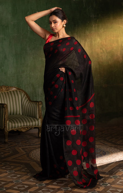 Black Matka Silk Saree With Stunning Red Jamdani Polka Dots Design