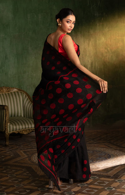 Black Matka Silk Saree With Stunning Red Jamdani Polka Dots Design