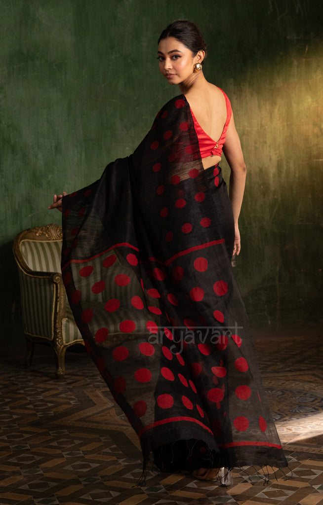 Black Matka Silk Saree With Stunning Red Jamdani Polka Dots Design