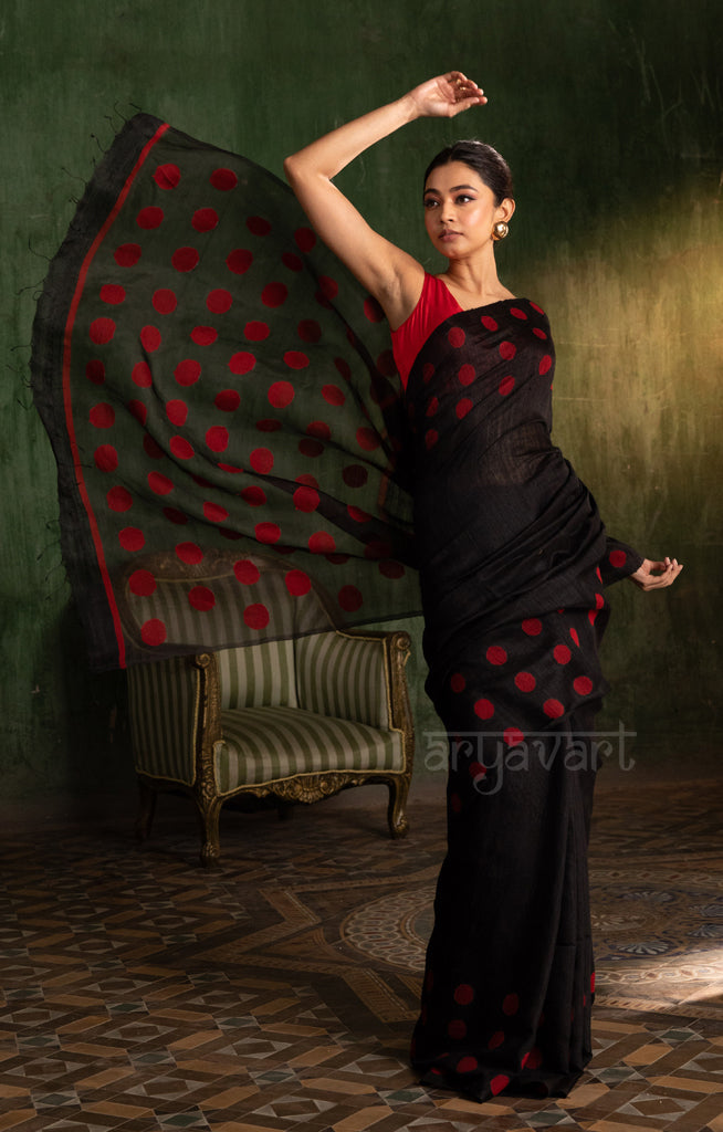 Black Matka Silk Saree With Stunning Red Jamdani Polka Dots Design