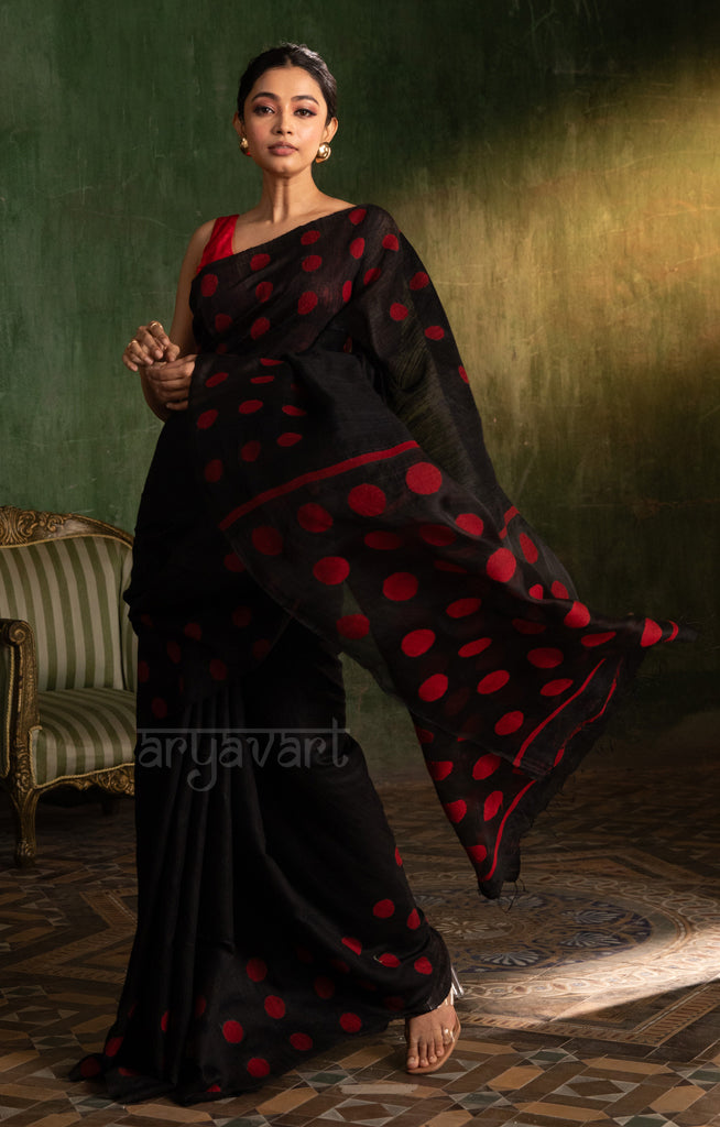 Black Matka Silk Saree With Stunning Red Jamdani Polka Dots Design