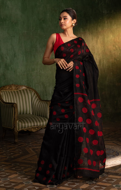 Black Matka Silk Saree With Stunning Red Jamdani Polka Dots Design