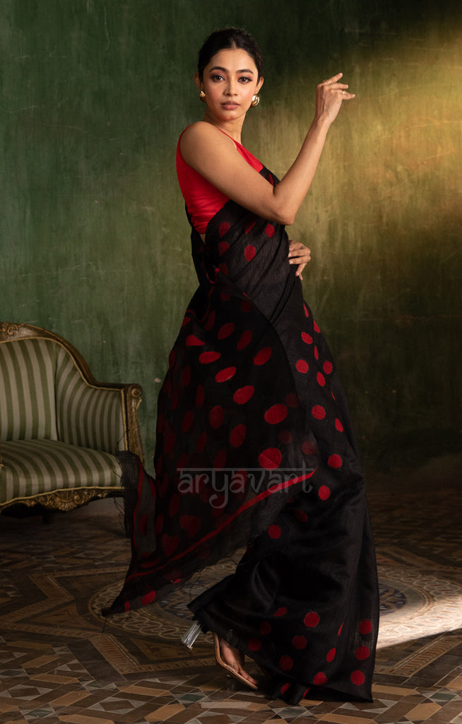 Black Matka Silk Saree With Stunning Red Jamdani Polka Dots Design