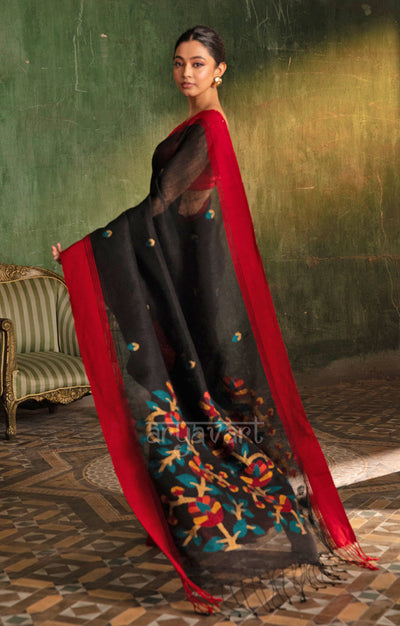 Black Linen Saree With Stunning Woven Jamdani Design