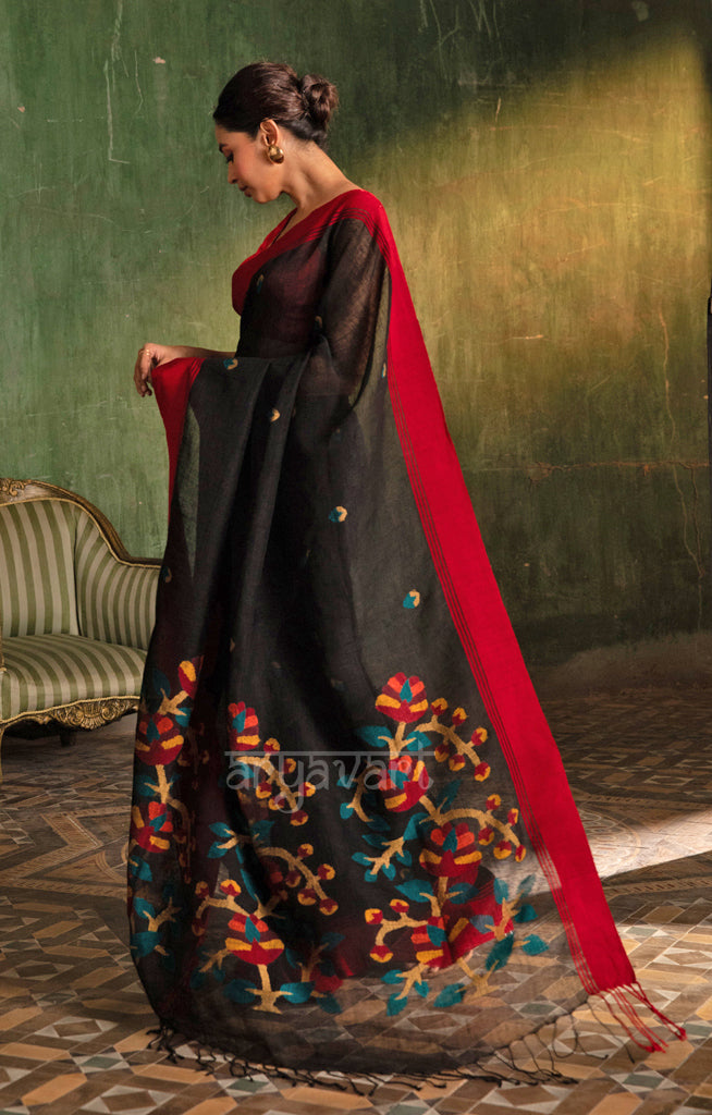 Black Linen Saree With Stunning Woven Jamdani Design