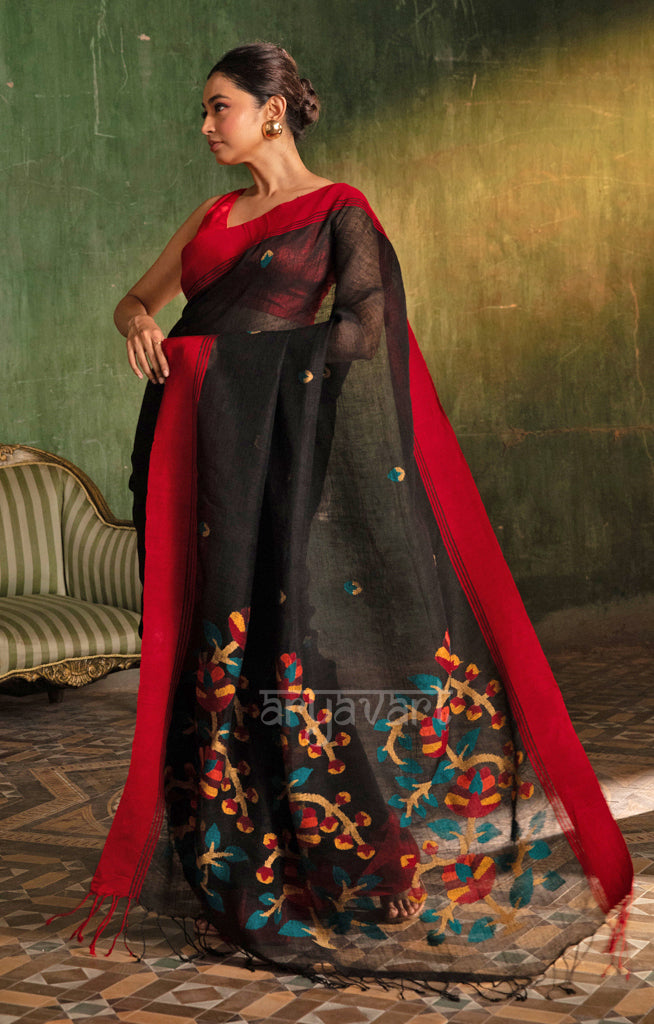 Black Linen Saree With Stunning Woven Jamdani Design