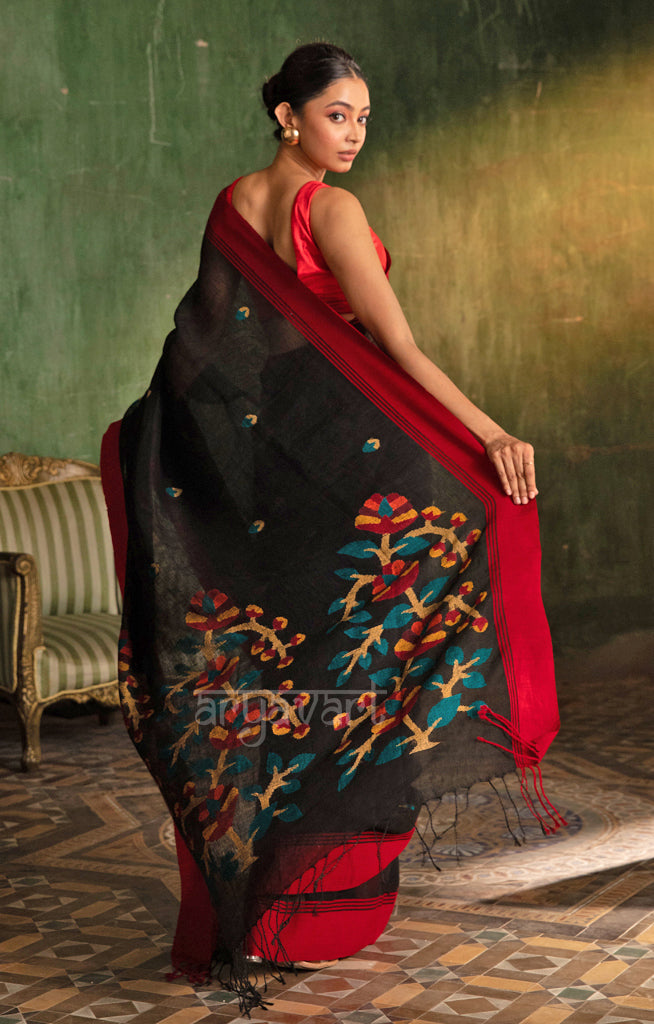 Black Linen Saree With Stunning Woven Jamdani Design