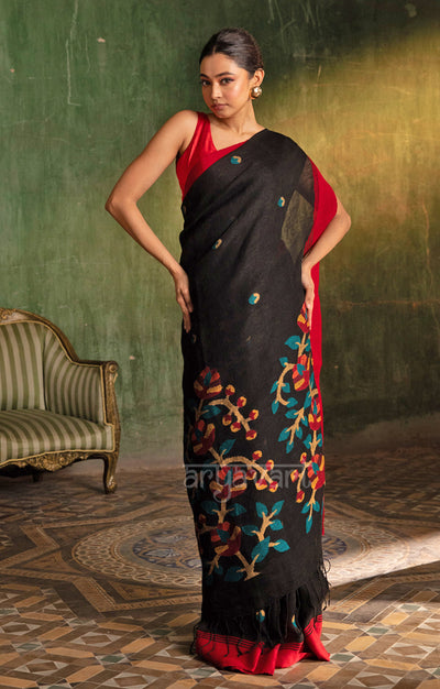 Black Linen Saree With Stunning Woven Jamdani Design