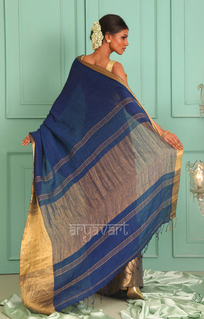 Midnight Blue Organic Textured Linen Saree With A Striking Gold Zari Border & Pallu