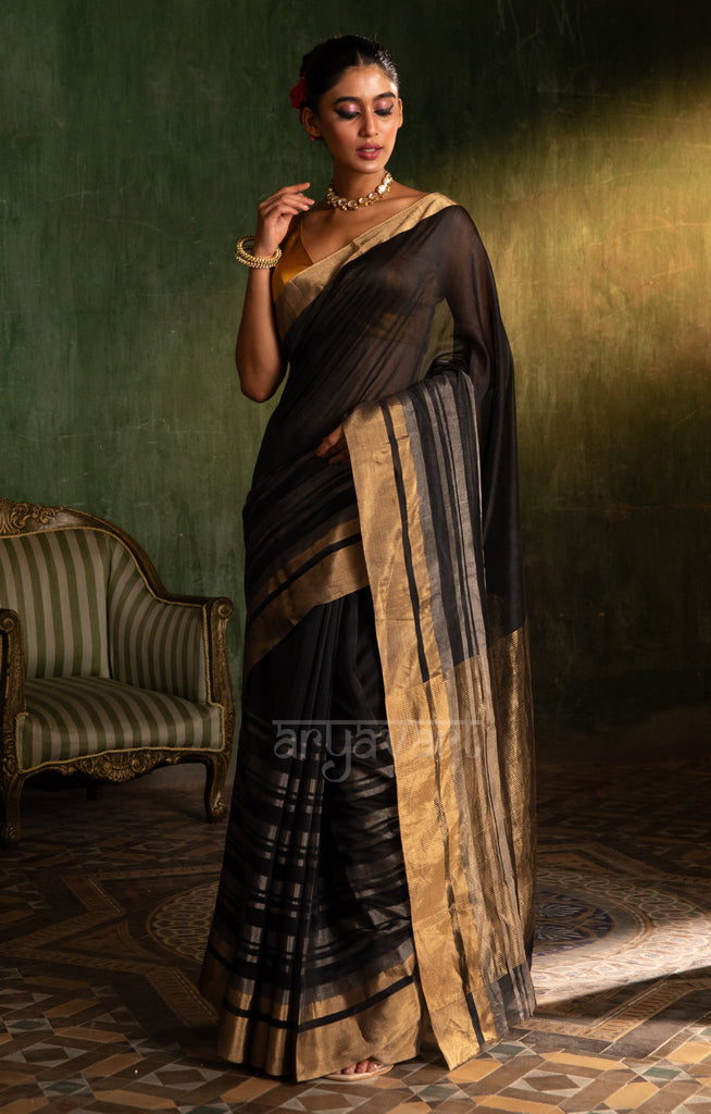 Black Silk Cotton Chanderi  Saree With striking Horizontal Strips in Silver & Gold