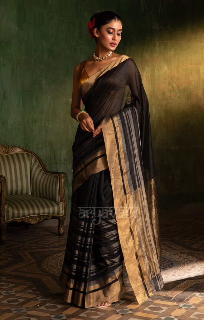 Black Silk Cotton Chanderi  Saree With striking Horizontal Strips in Silver & Gold