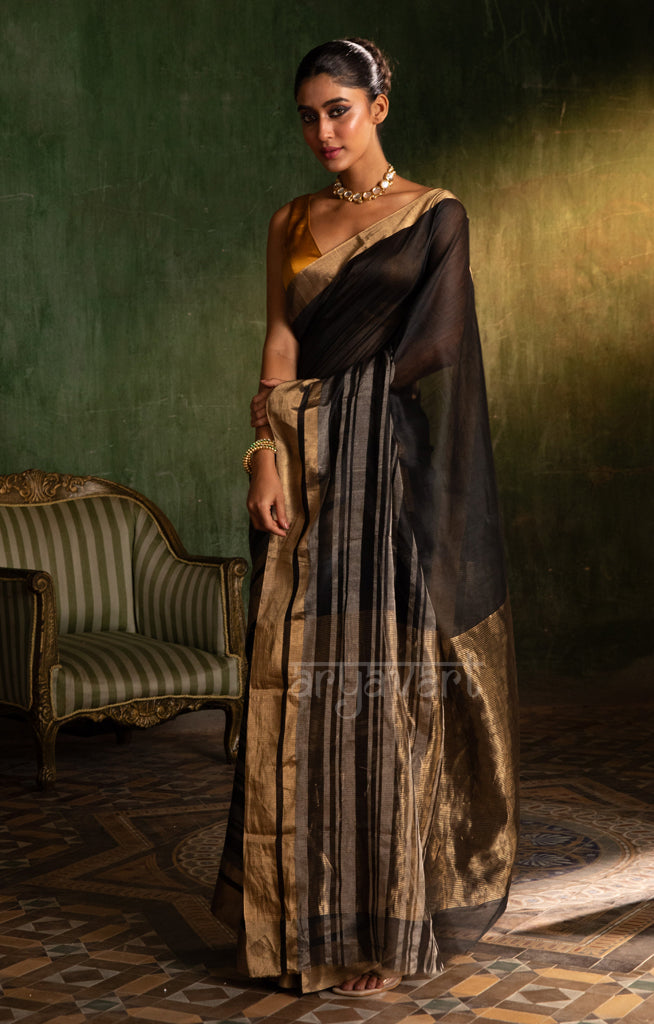 Black Silk Cotton Chanderi  Saree With striking Horizontal Strips in Silver & Gold