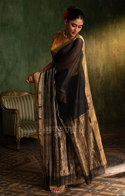 Black Silk Cotton Chanderi  Saree With striking Horizontal Strips in Silver & Gold