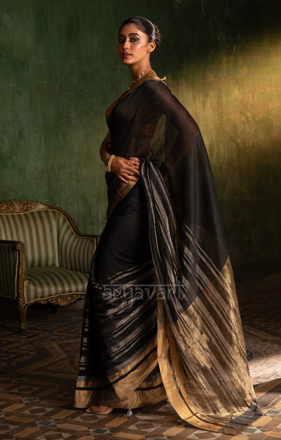 Black Silk Cotton Chanderi  Saree With striking Horizontal Strips in Silver & Gold