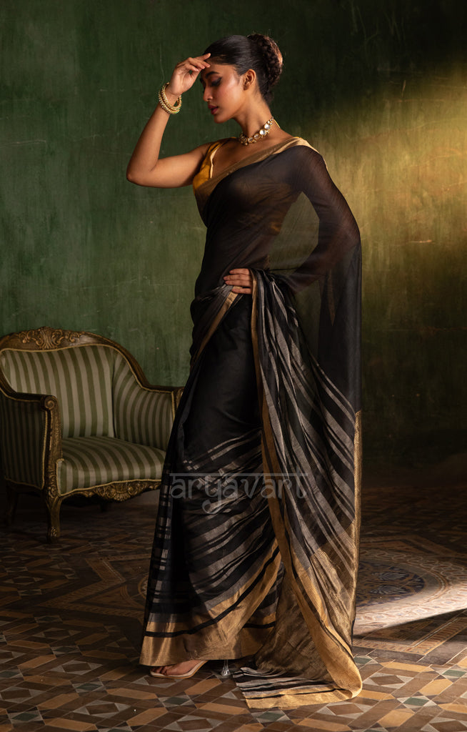 Black Silk Cotton Chanderi  Saree With striking Horizontal Strips in Silver & Gold