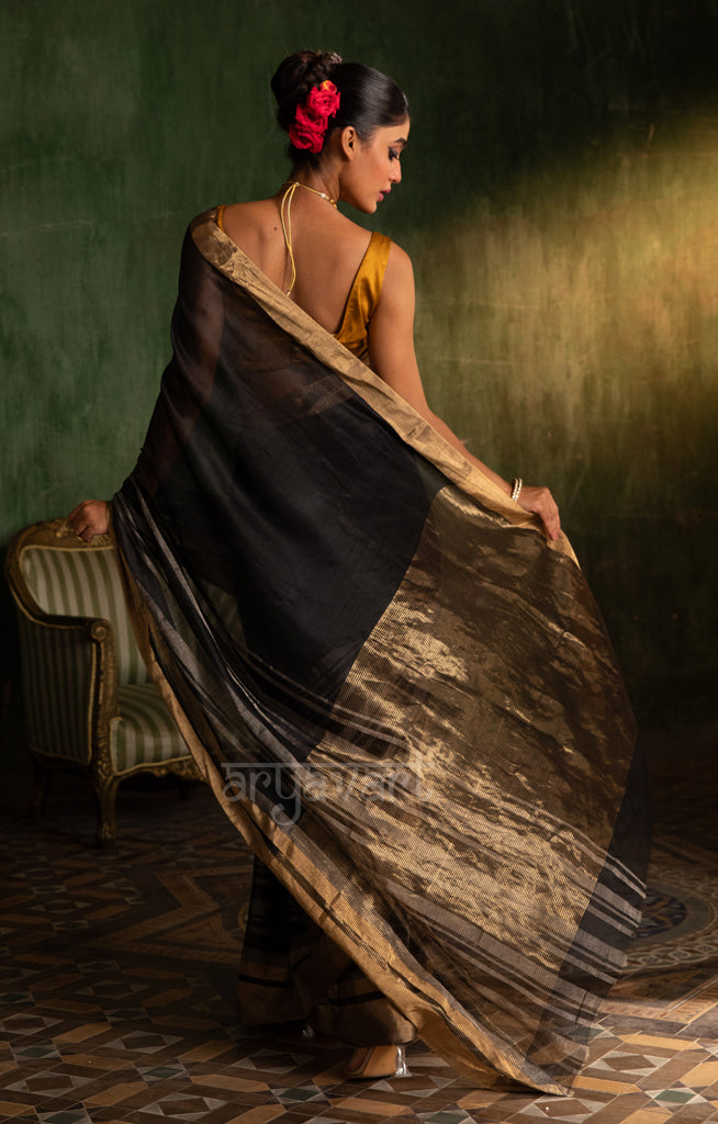 Black Silk Cotton Chanderi  Saree With striking Horizontal Strips in Silver & Gold