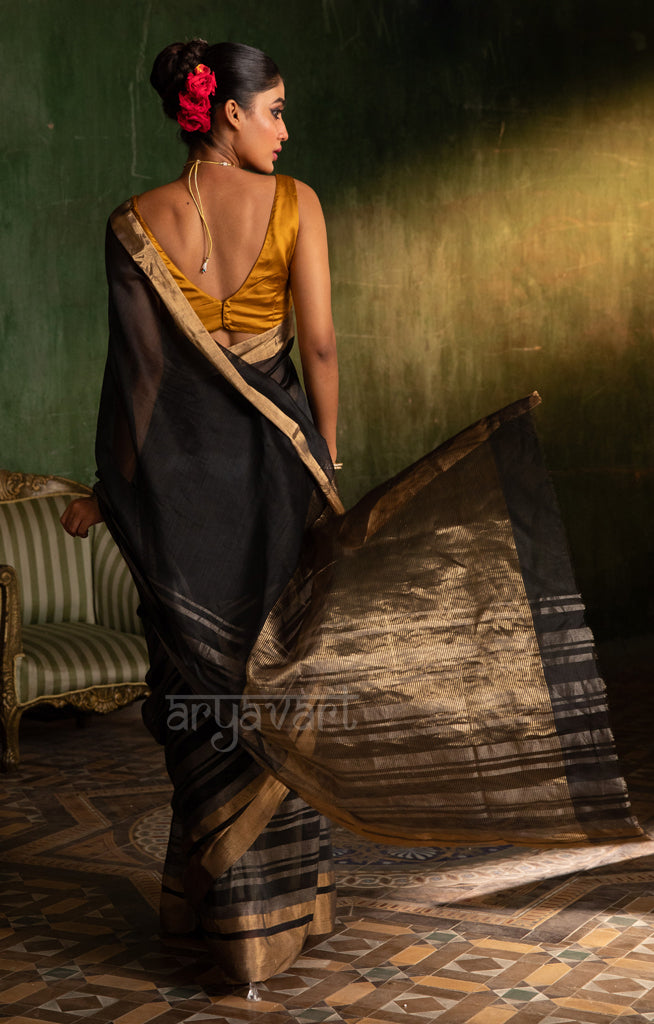 Black Silk Cotton Chanderi  Saree With striking Horizontal Strips in Silver & Gold