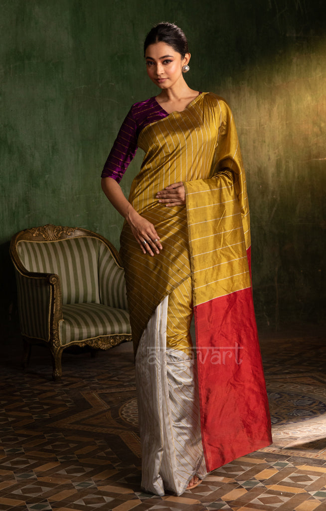 Steel Grey & Mustard Striped Silk Chanderi Saree with a Stunning Red Pallu