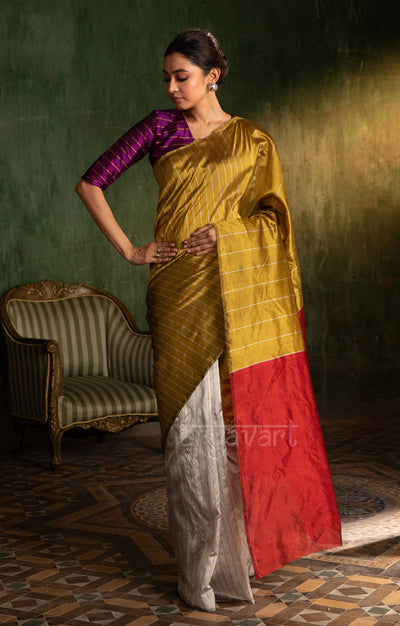 Steel Grey & Mustard Striped Silk Chanderi Saree with a Stunning Red Pallu