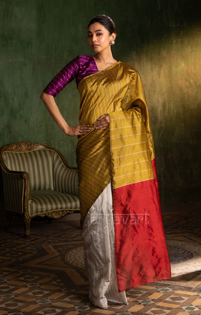 Steel Grey & Mustard Striped Silk Chanderi Saree with a Stunning Red Pallu