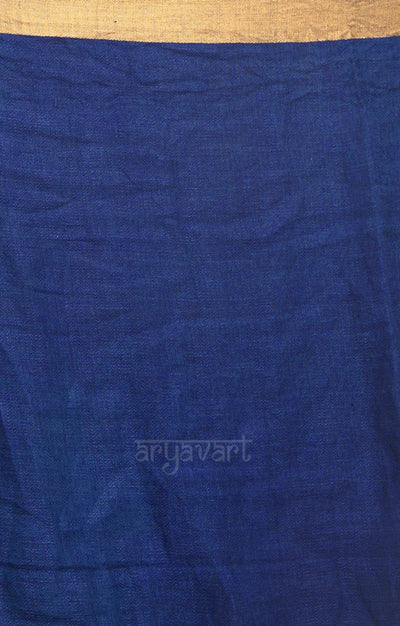 Midnight Blue Organic Textured Linen Saree With A Striking Gold Zari Border & Pallu