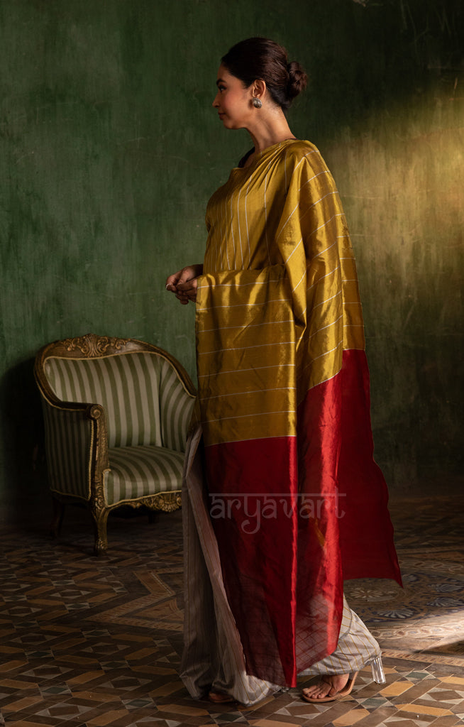 Steel Grey & Mustard Striped Silk Chanderi Saree with a Stunning Red Pallu