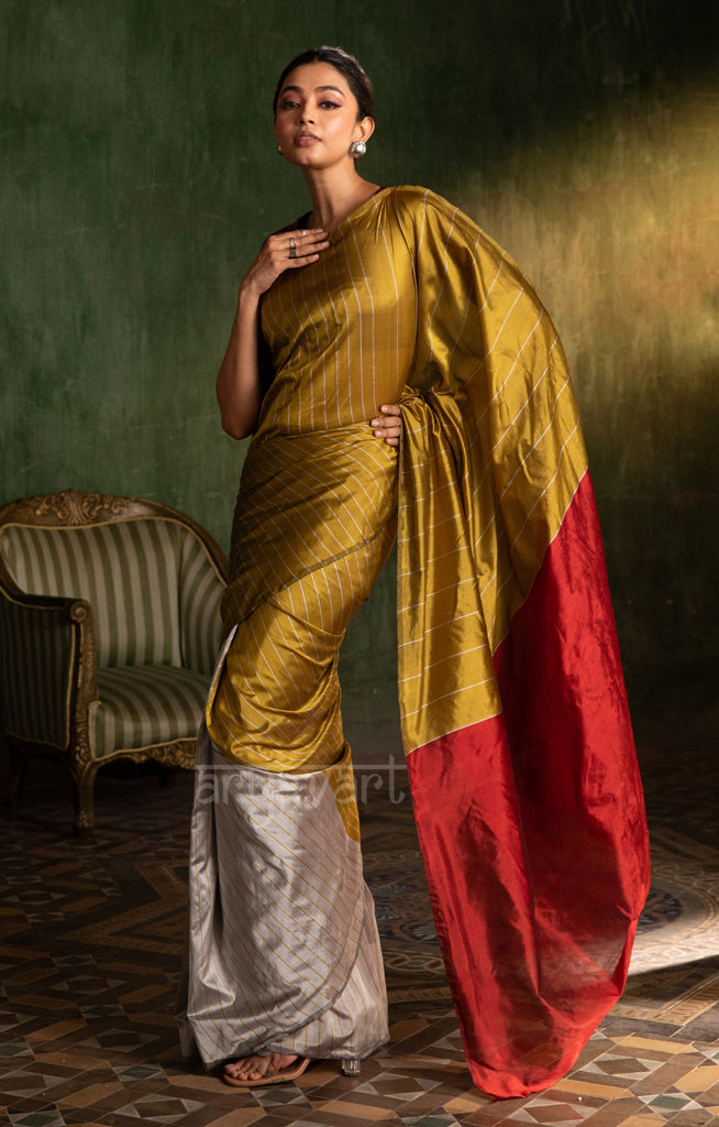 Steel Grey & Mustard Striped Silk Chanderi Saree with a Stunning Red Pallu