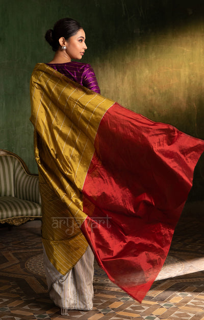 Steel Grey & Mustard Striped Silk Chanderi Saree with a Stunning Red Pallu