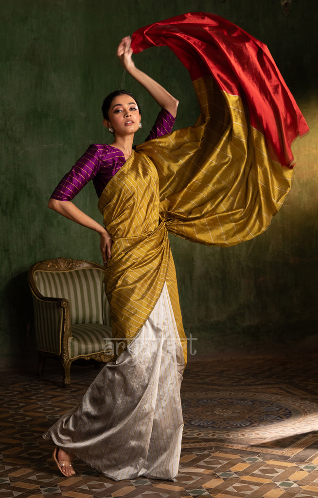 Steel Grey & Mustard Striped Silk Chanderi Saree with a Stunning Red Pallu