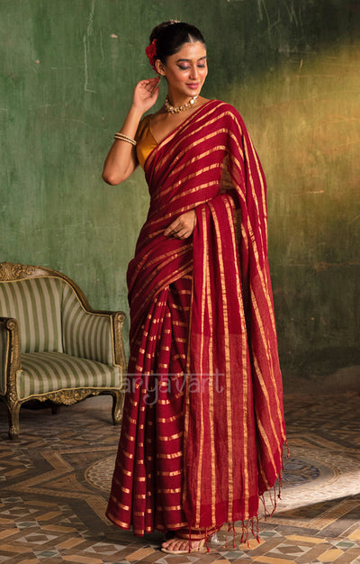 Striking Maroon Linen Saree with Horizontal Zari Lines