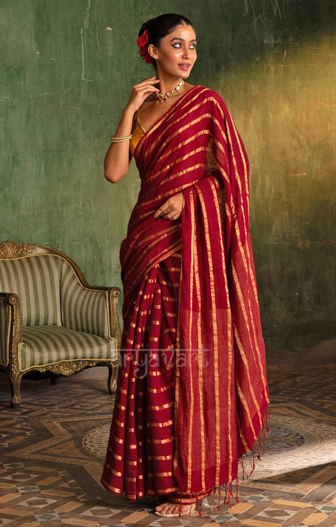 Striking Maroon Linen Saree with Horizontal Zari Lines