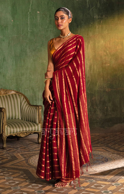 Striking Maroon Linen Saree with Horizontal Zari Lines