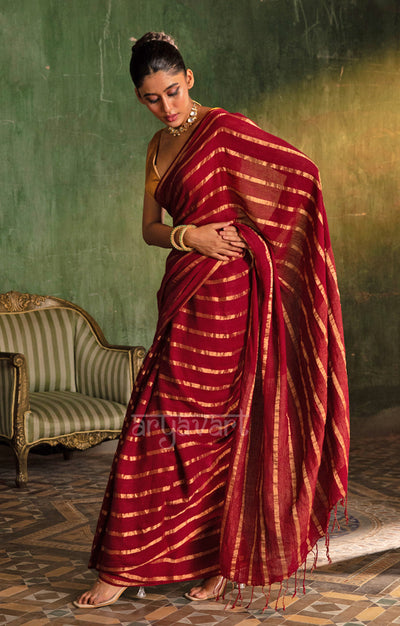 Striking Maroon Linen Saree with Horizontal Zari Lines