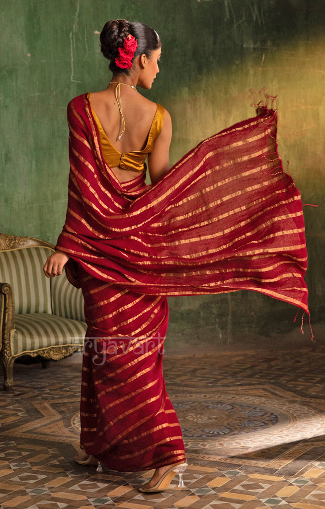 Striking Maroon Linen Saree with Horizontal Zari Lines